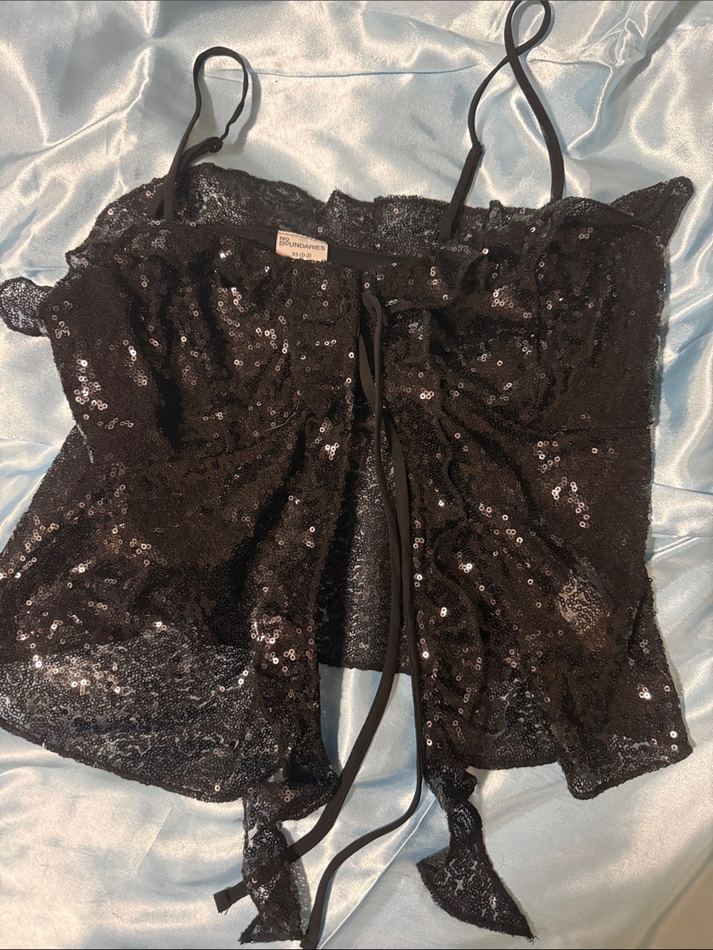 No Boundaries Black Sequin Tie-Front Tank Top